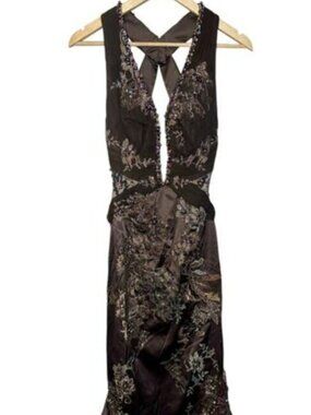 NWT Mandalay Brown Silk Beaded Lace Mermaid Evening Gown Cocktail Dress Size 6